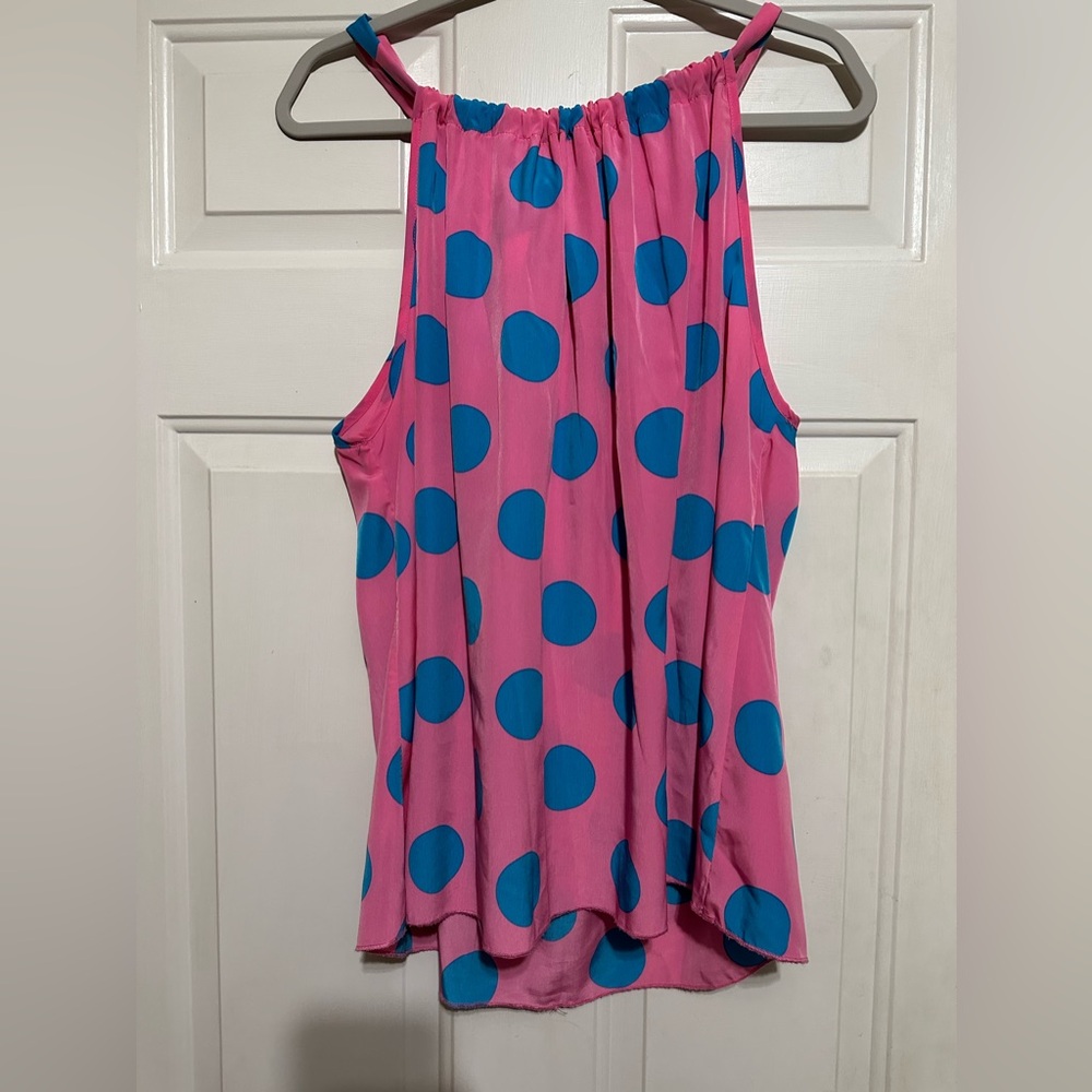 Karlie pink polka dot top with blue dots halter‎ tie in back size Large